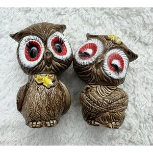 Anthropomorphic Big Eye Mr & Mrs Owl Salt Pepper Set Love Birds MCM Retro Kitsch